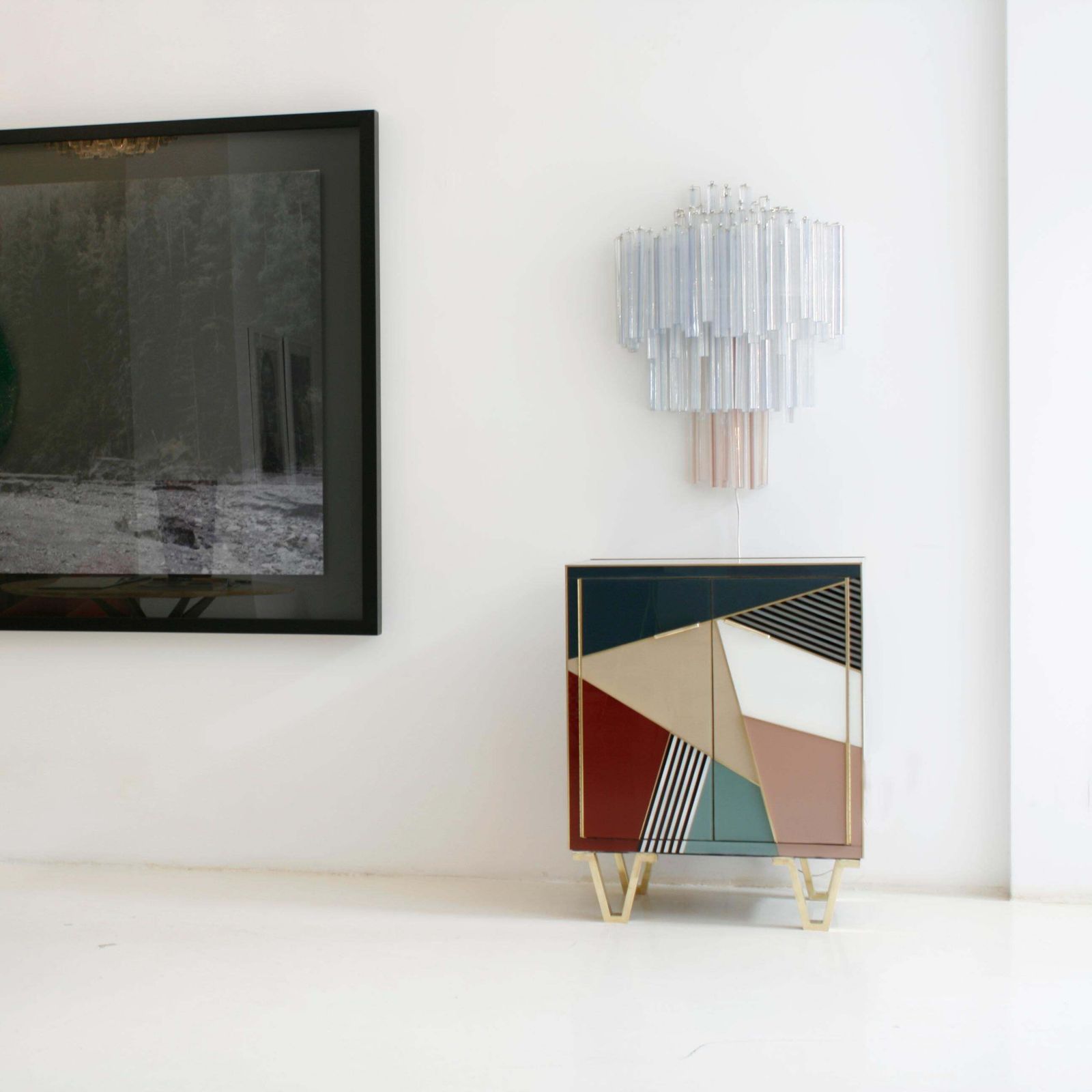 photo vinterior Mid Century Modern Style Wood Colored Glass And Brass Pair Of Italian Sideboards