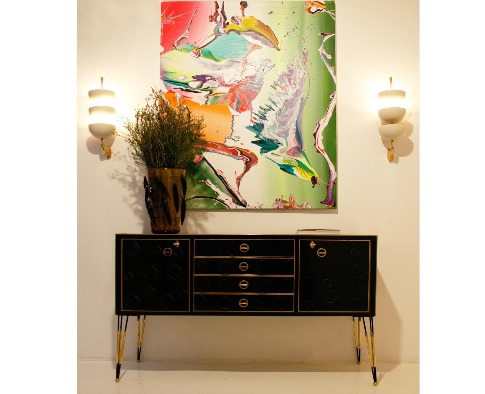 Mid Century Modern Style Made Of Wood, Dark Glass And Brass Italian Sideboard photo 6647.0