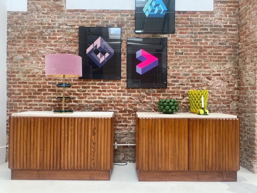 photo vintage Contemporary Modern Pair Of Sideboards In Wood And Travertine Marble Top