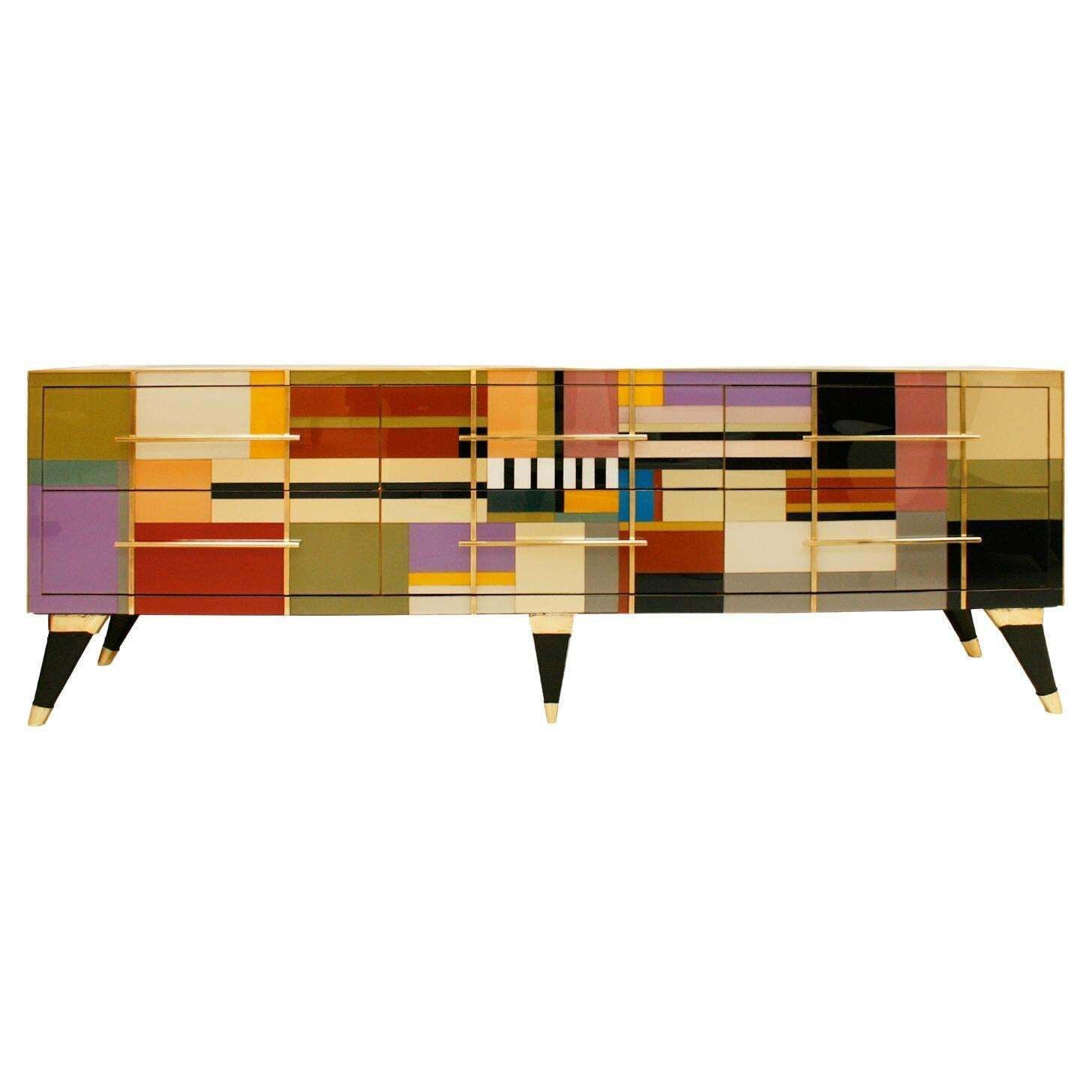 Mid Century Modern Style Murano Glass And Brass Italian Sideboard