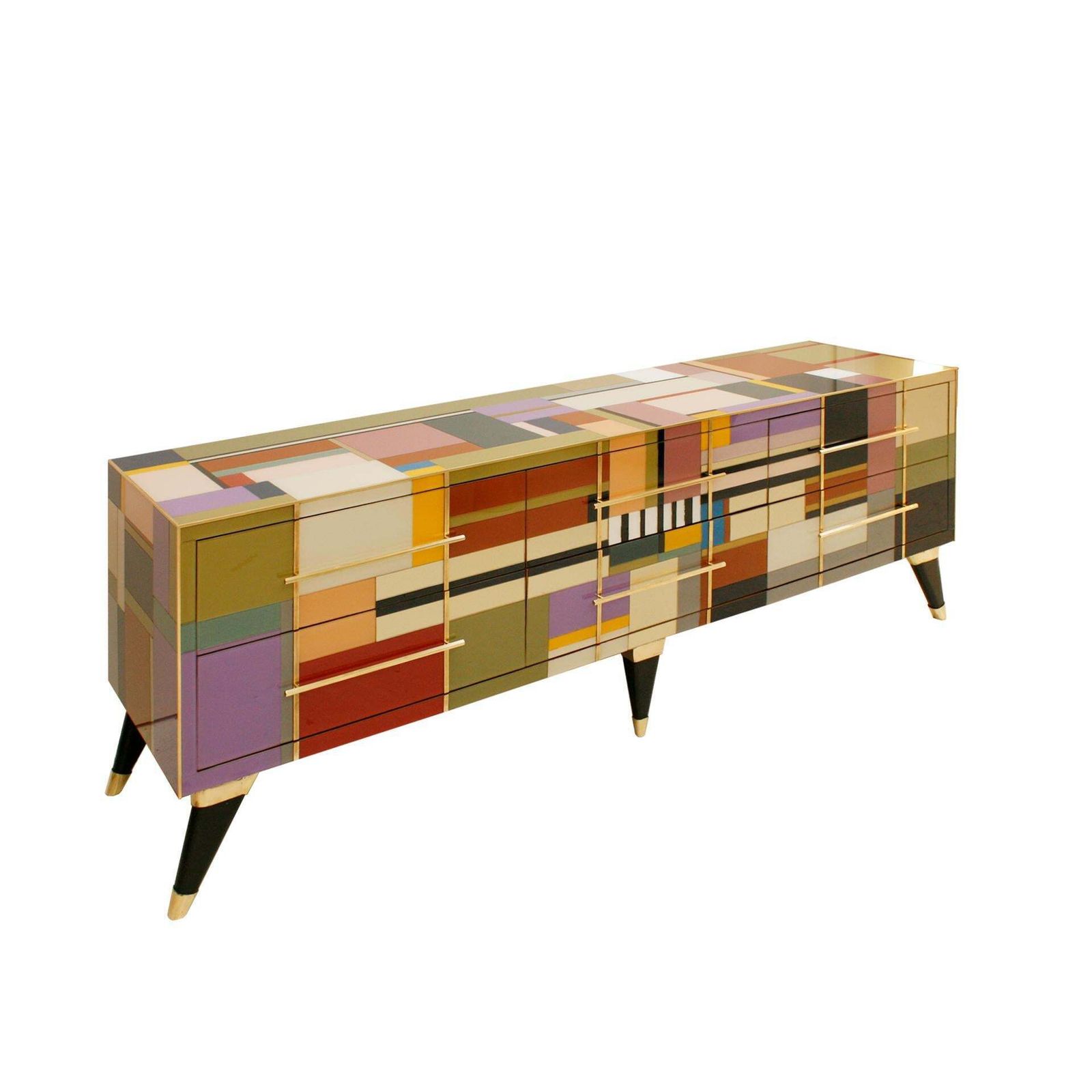 Mid Century Modern Style Murano Glass And Brass Italian Sideboard photo for sale