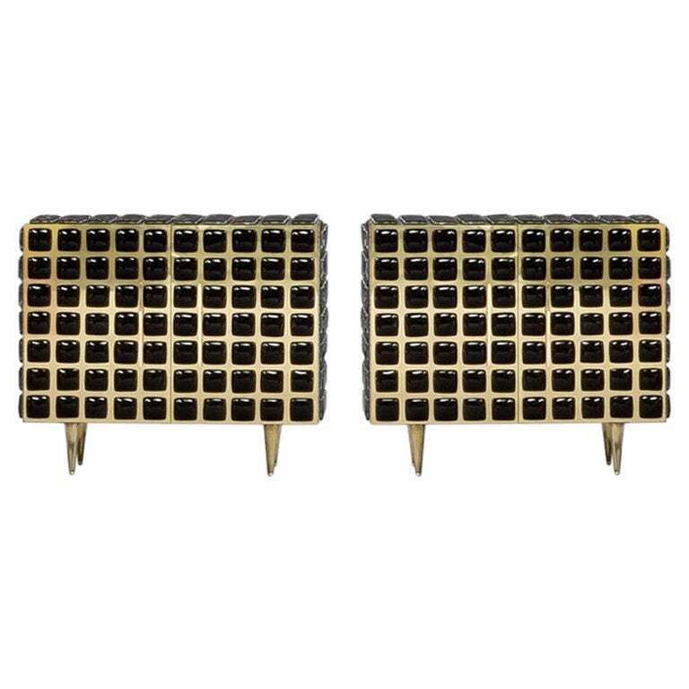 Mid Century Modern Style Brass And Black Glass Pair Of Italian Sideboards
