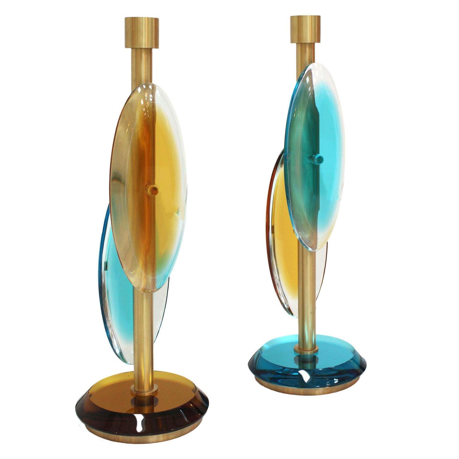 Pair Of Contemporary Murano Glass Lamps With A Brass Structure, Made In Italy photo Lighting
