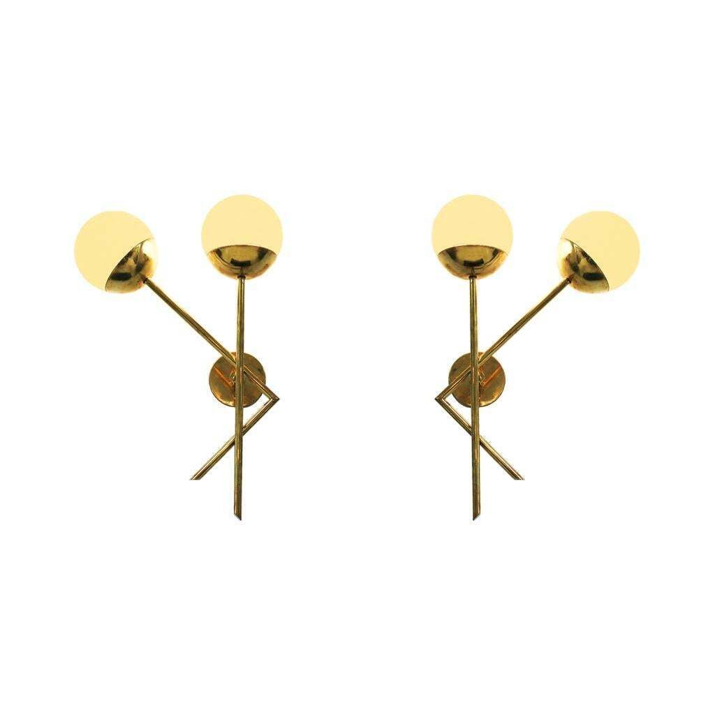 photo for sale Mid Century Italian Modern Style Brass And Glass Sconces, Set Of 2