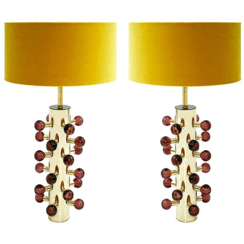 Mid Century Modern Style Pair Of Brass And Burgundy Murano Glass Table Lamps