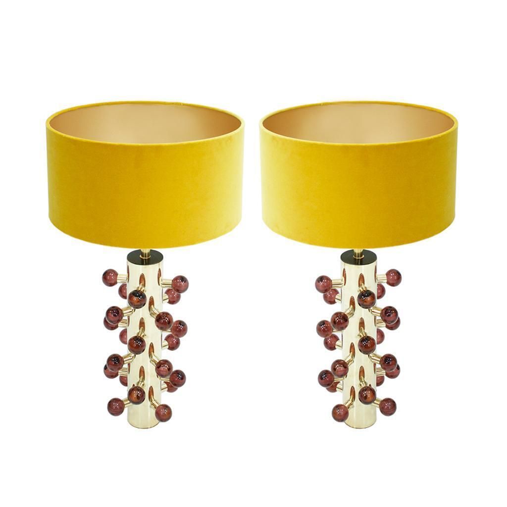 Mid Century Modern Style Pair Of Brass And Burgundy Murano Glass Table Lamps photo furniture