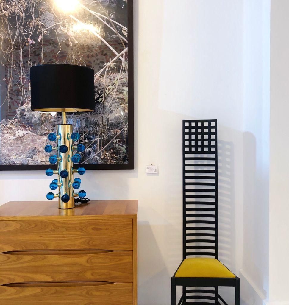 Mid Century Modern Style Pair Of Brass And Blue Murano Glass Italian Table Lamps photo buy