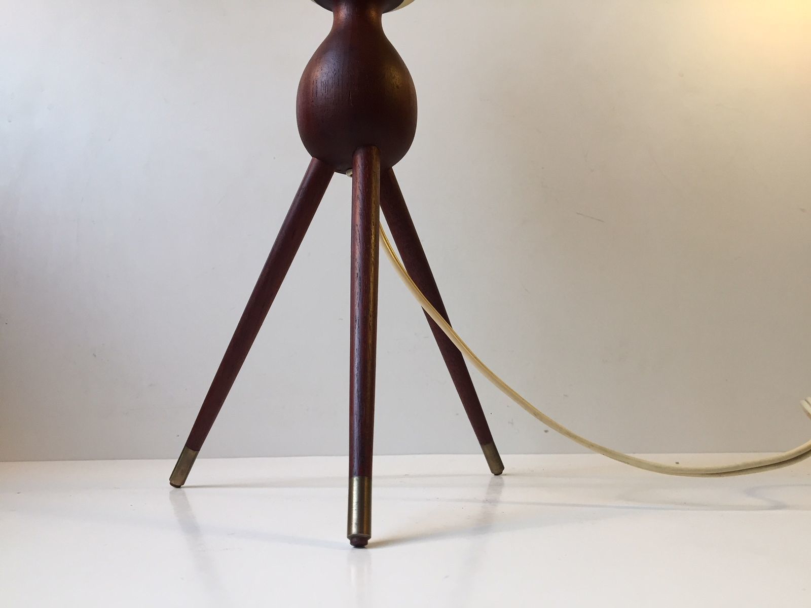 Mid Century Danish Tripod Table Lamp In Teak, Brass & Glass, 1950s photo for sale