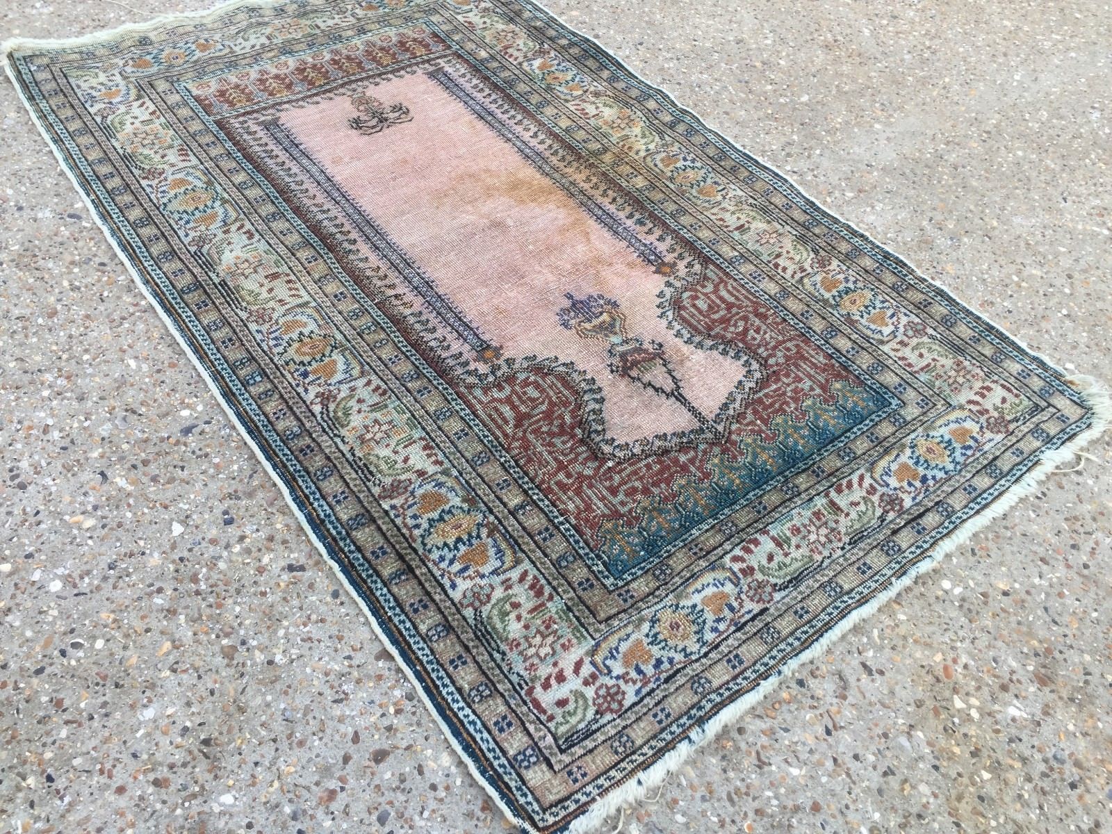 Antique Turkish Silk Rug 128x79cm Shabby, Country Home  Tribal Boho Vintage Old photo vinterior