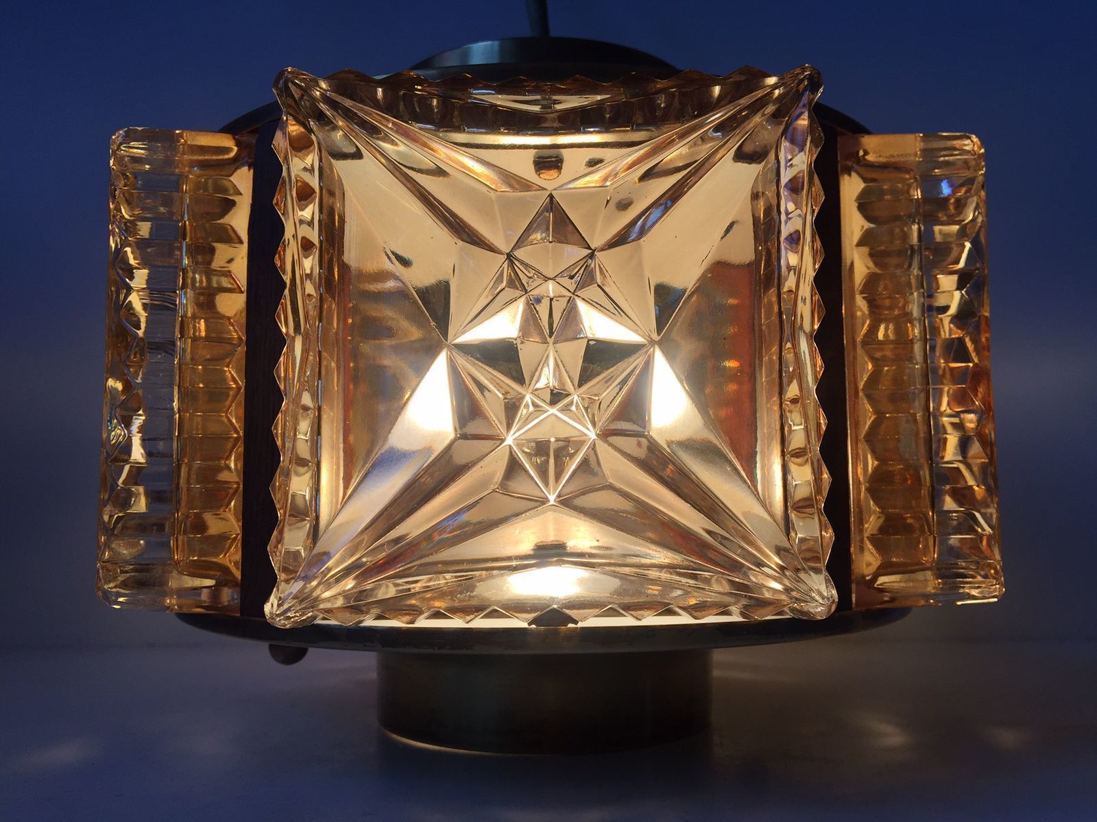 Mid Century Danish Glass, Rosewood, And Brass Pendant Lamp From Vitrika, 1960s photo vinterior