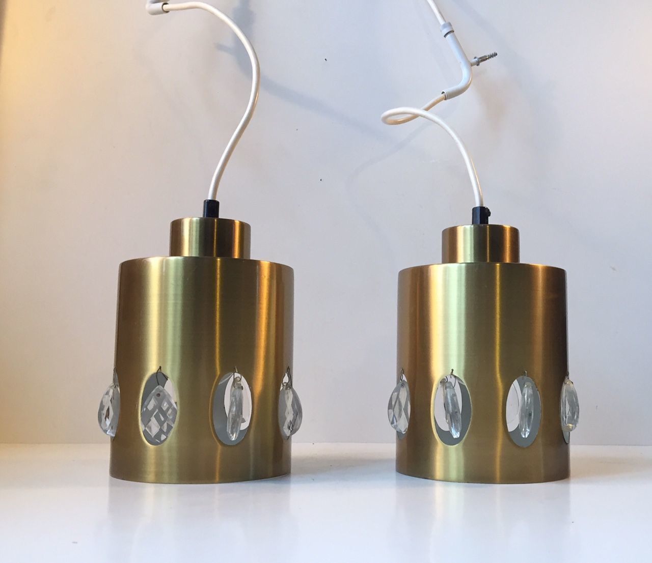 Danish Mid Century Brass And Crystal Pendant Lights From Vitrika, 1960s, Set Of 2