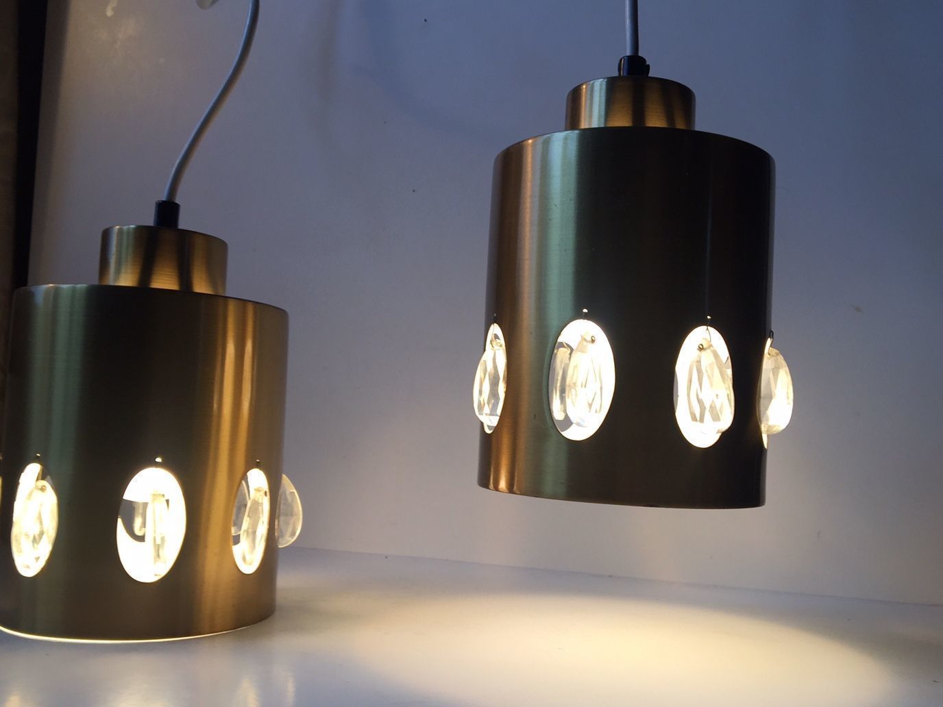 Danish Mid Century Brass And Crystal Pendant Lights From Vitrika, 1960s, Set Of 2 photo Lighting