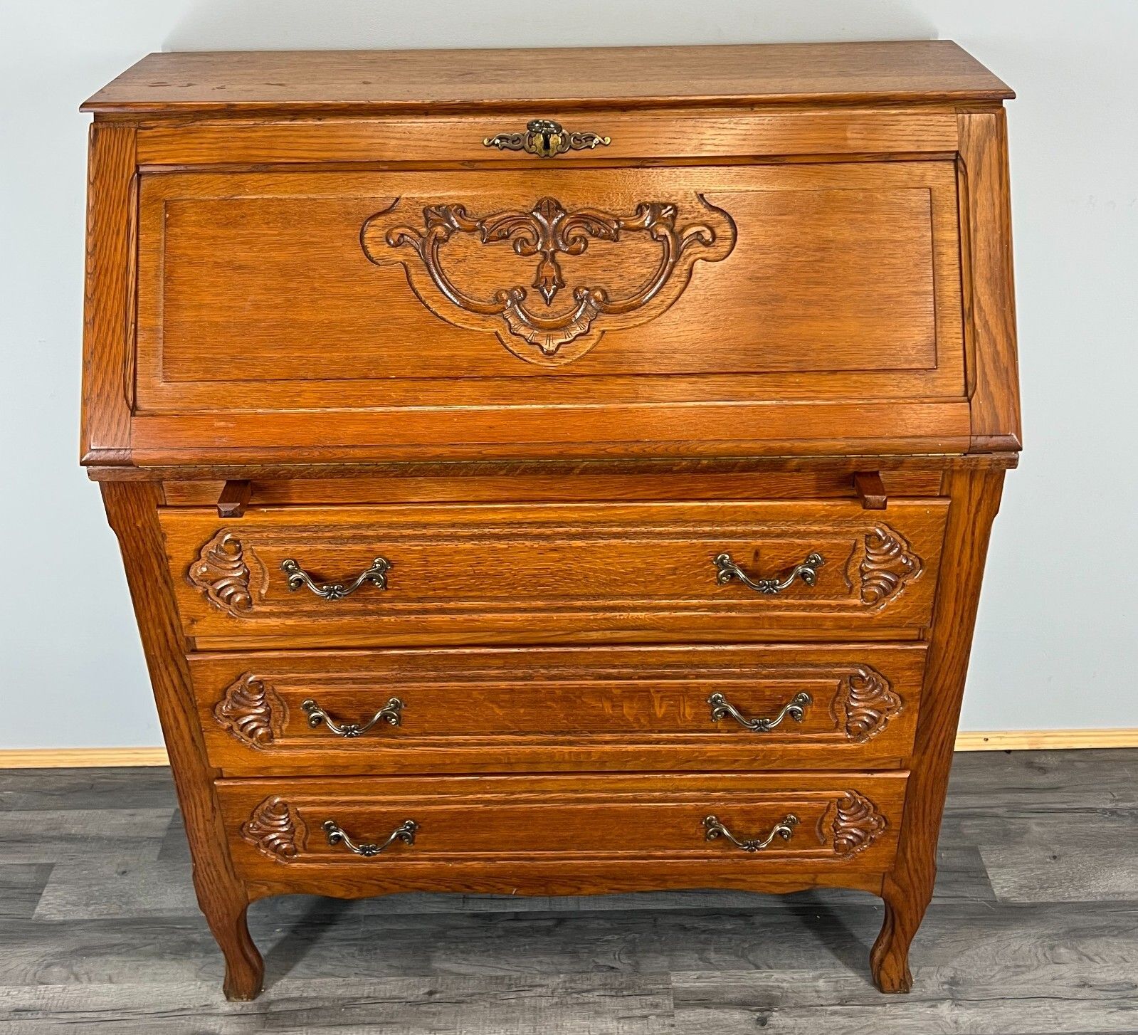 Vintage French Oak Secretary Desk – Bureau – Carved Writing Desk – Lot 3755