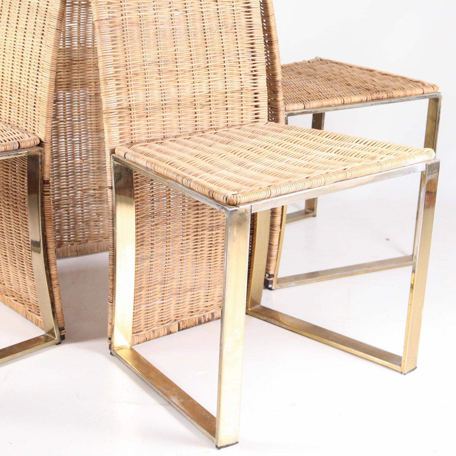 photo for sale Set Of 4 Vintage Chairs In Gold Metal And Wicker