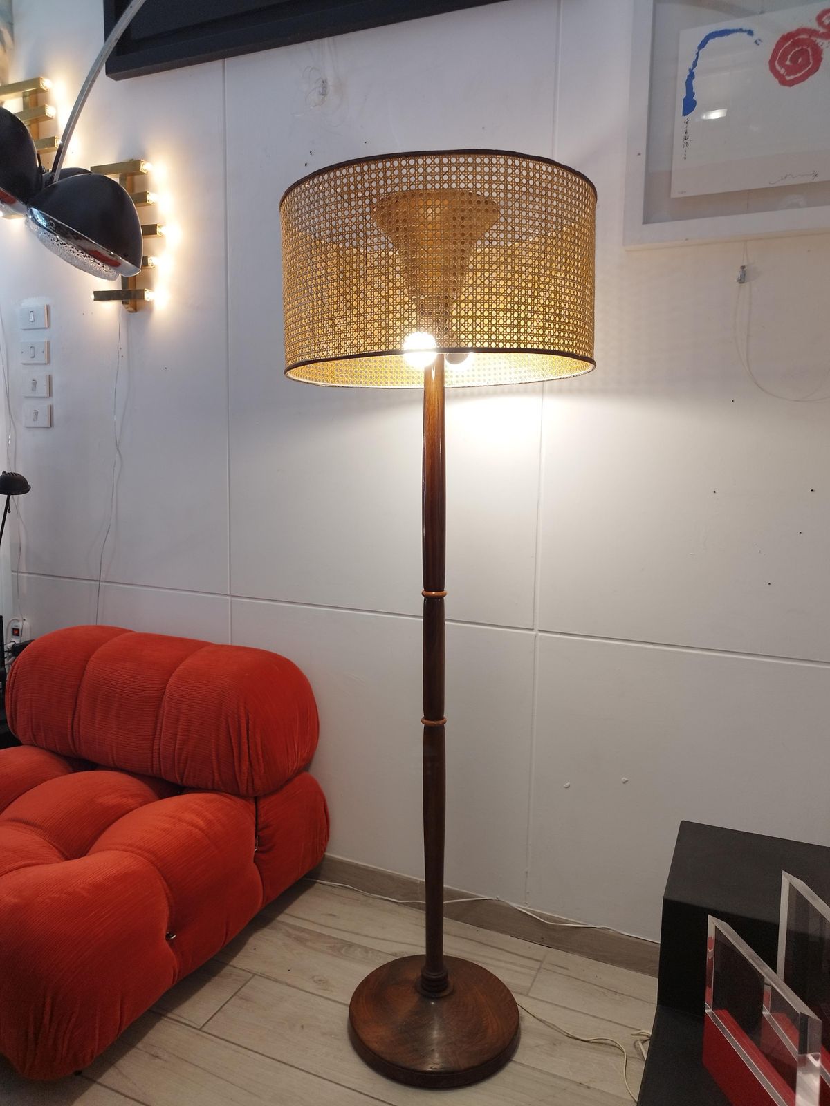 Wood Floor Lamp With Vienna Straw Lampshade, Italy 1950s photo 853.0