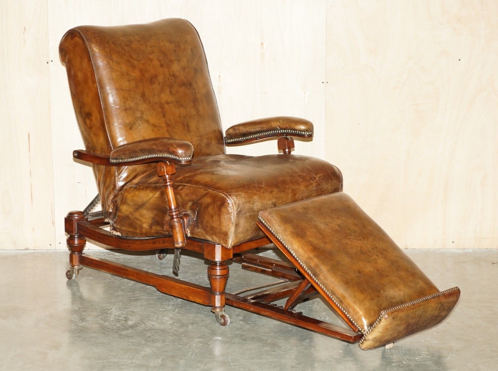 Fully Adjustable Restored Antique Victorian Brown Leather Metamorphic Armchair