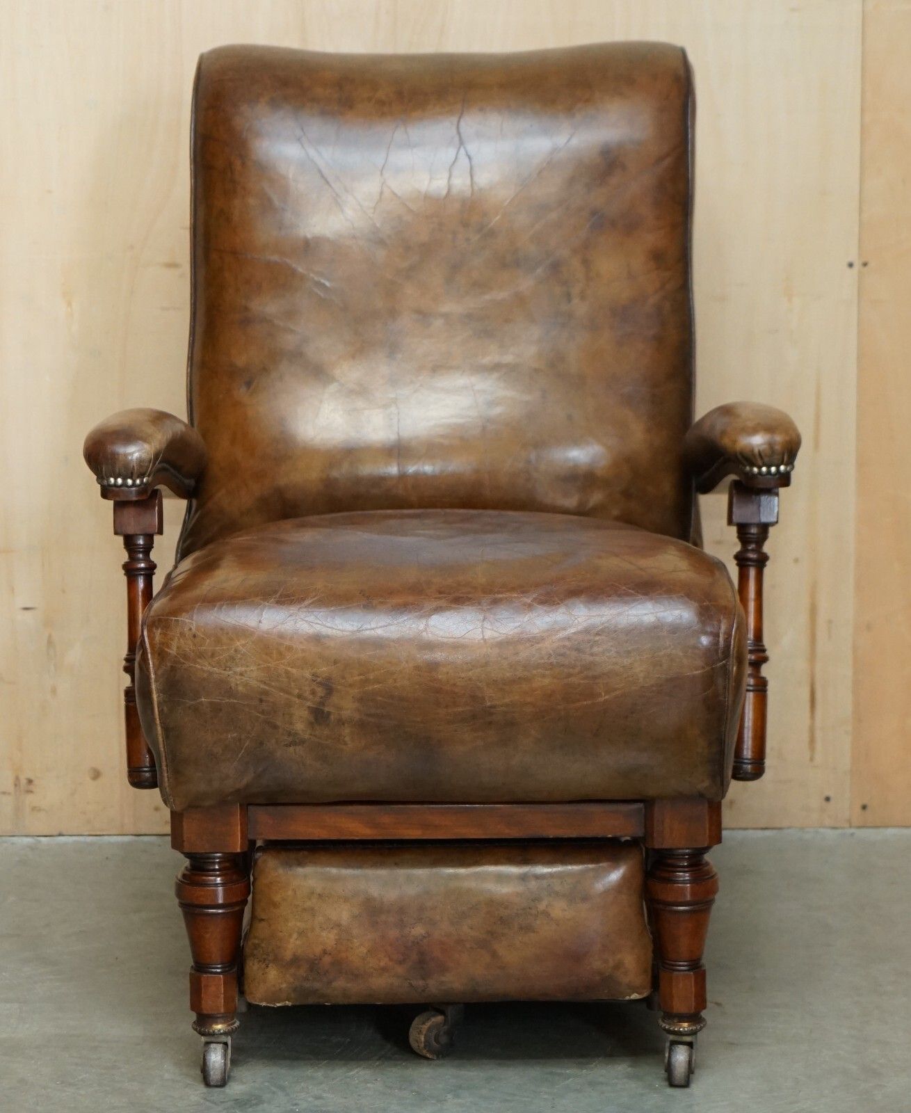 Fully Adjustable Restored Antique Victorian Brown Leather Metamorphic Armchair photo for sale