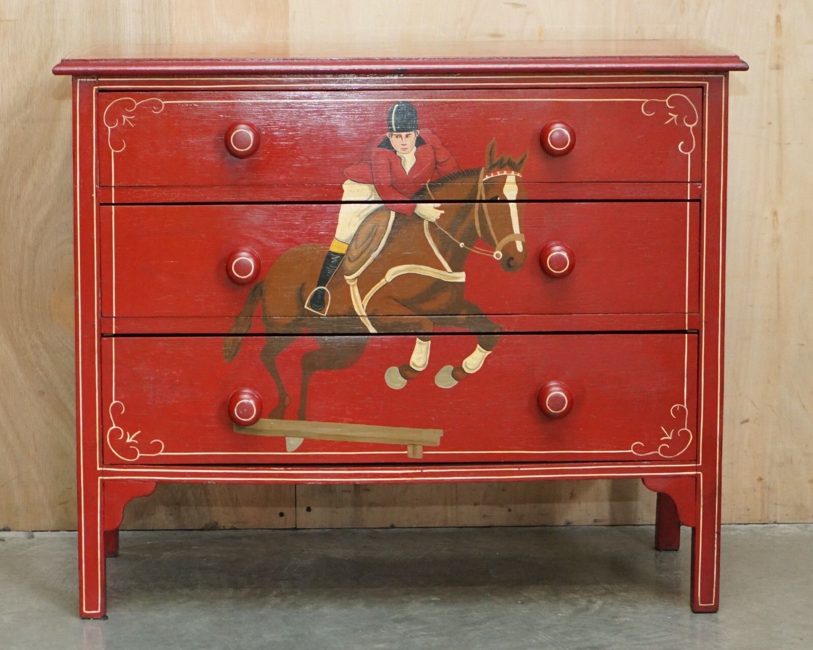 Equestrian Antique Victorian Pine Hand Painted Horse & Jockey Chest Of Drawers photo for sale