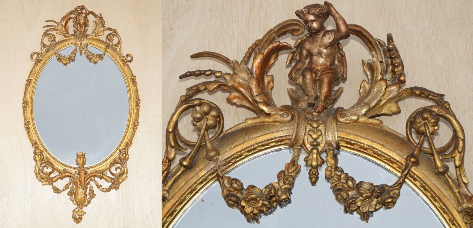 Original Circa 1800 Gold Gilt Frame Girandole Mirror Carved Cherub Putti Angel