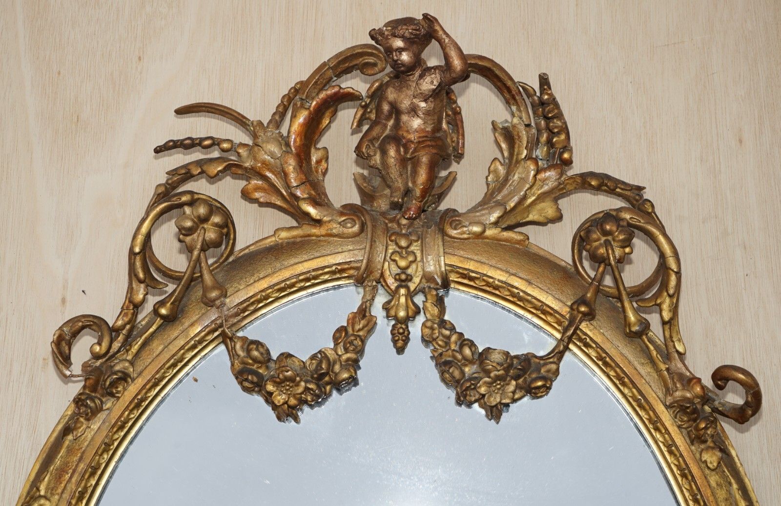 Original Circa 1800 Gold Gilt Frame Girandole Mirror Carved Cherub Putti Angel photo for sale