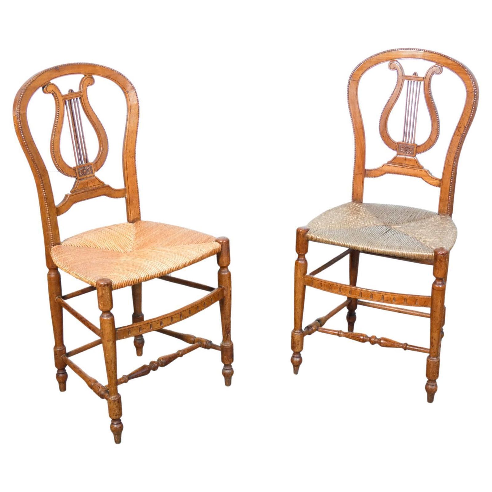 Pair Of Cherry Wood Chairs With Lyre Shaped Back And Straw Seat, Early 20th