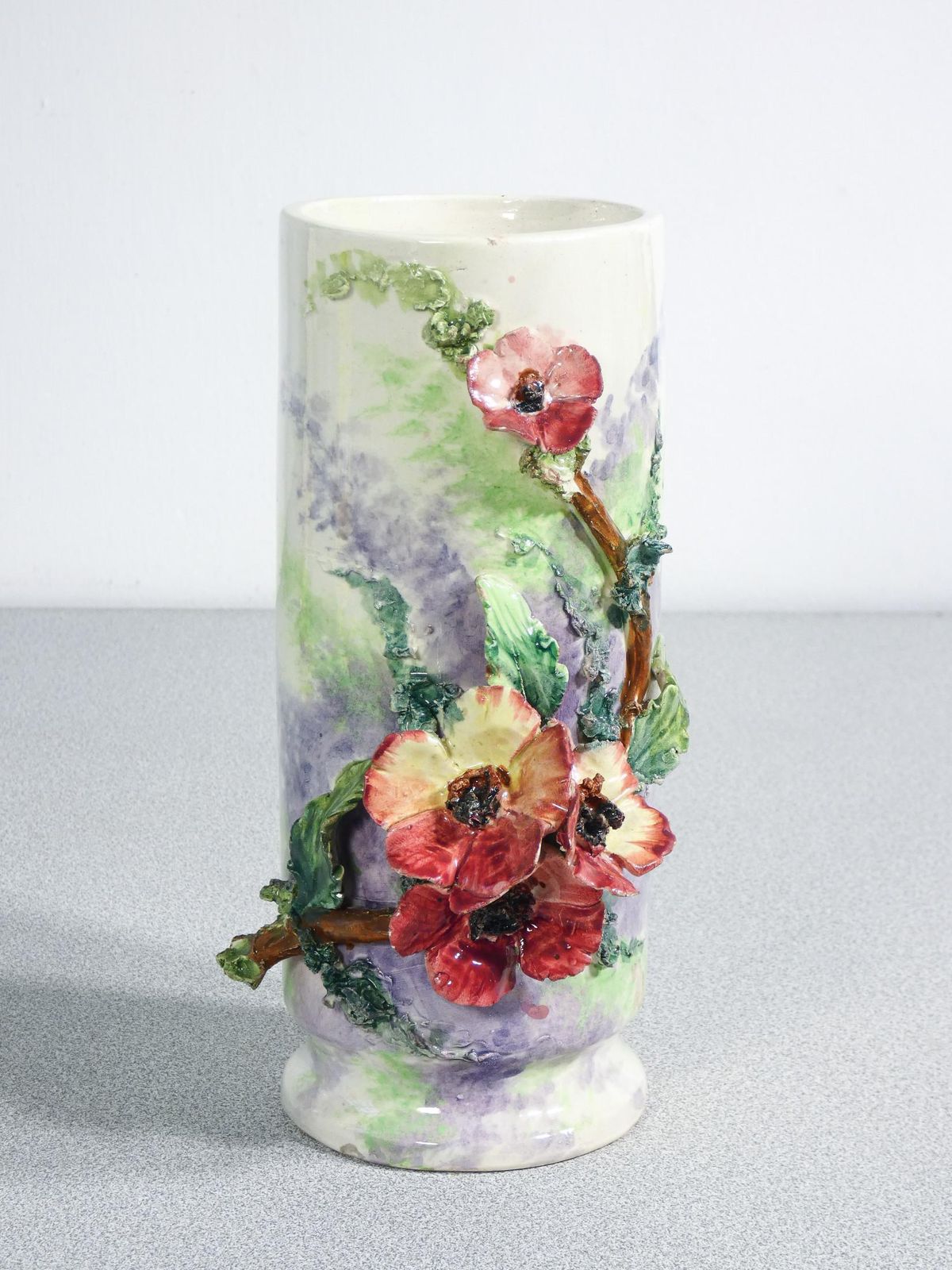 Pair Of Barbotine Ceramic Vases, Decorated With Flowers And Leaves. France, 1930s photo buy