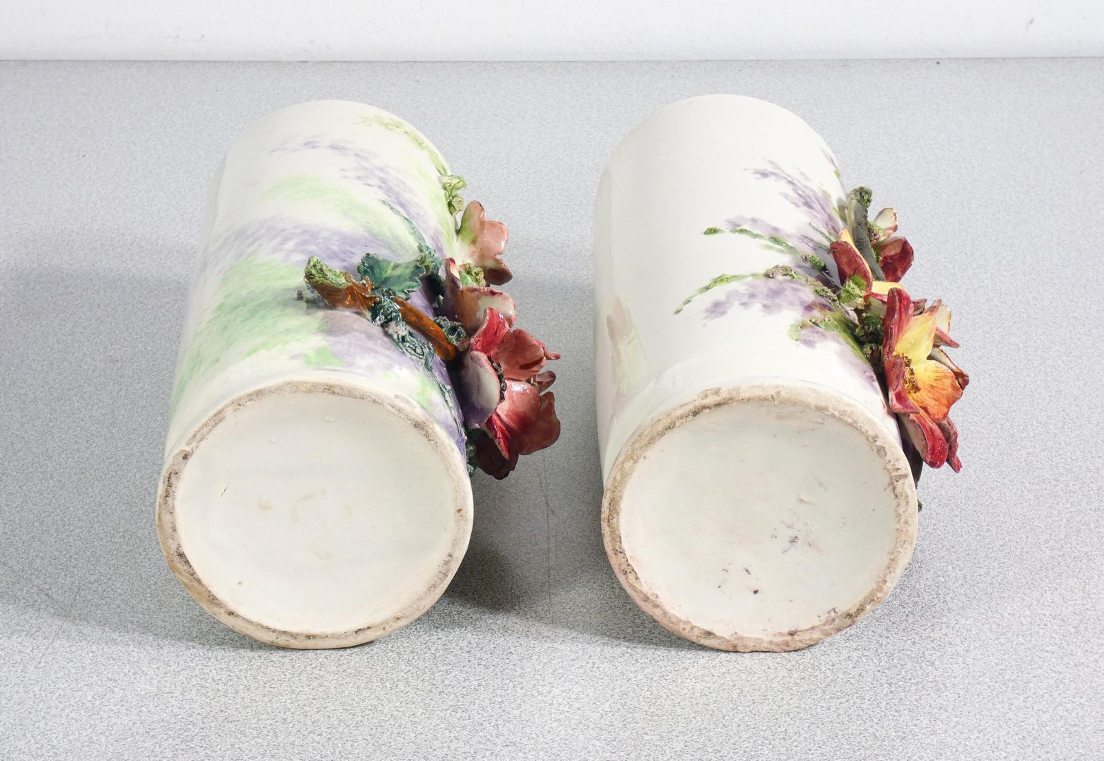 photo buy Pair Of Barbotine Ceramic Vases, Decorated With Flowers And Leaves. France, 1930s