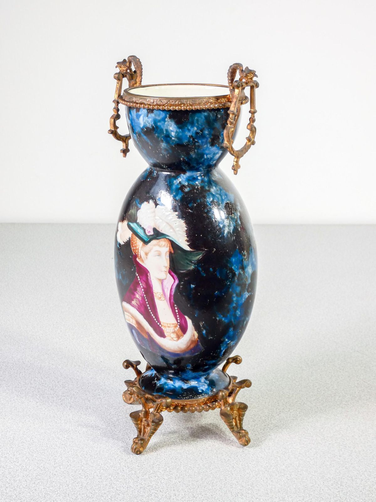 Pair Of Glazed And Hand Painted Ceramic And Bronze Vases. Late 19th Century photo vintage