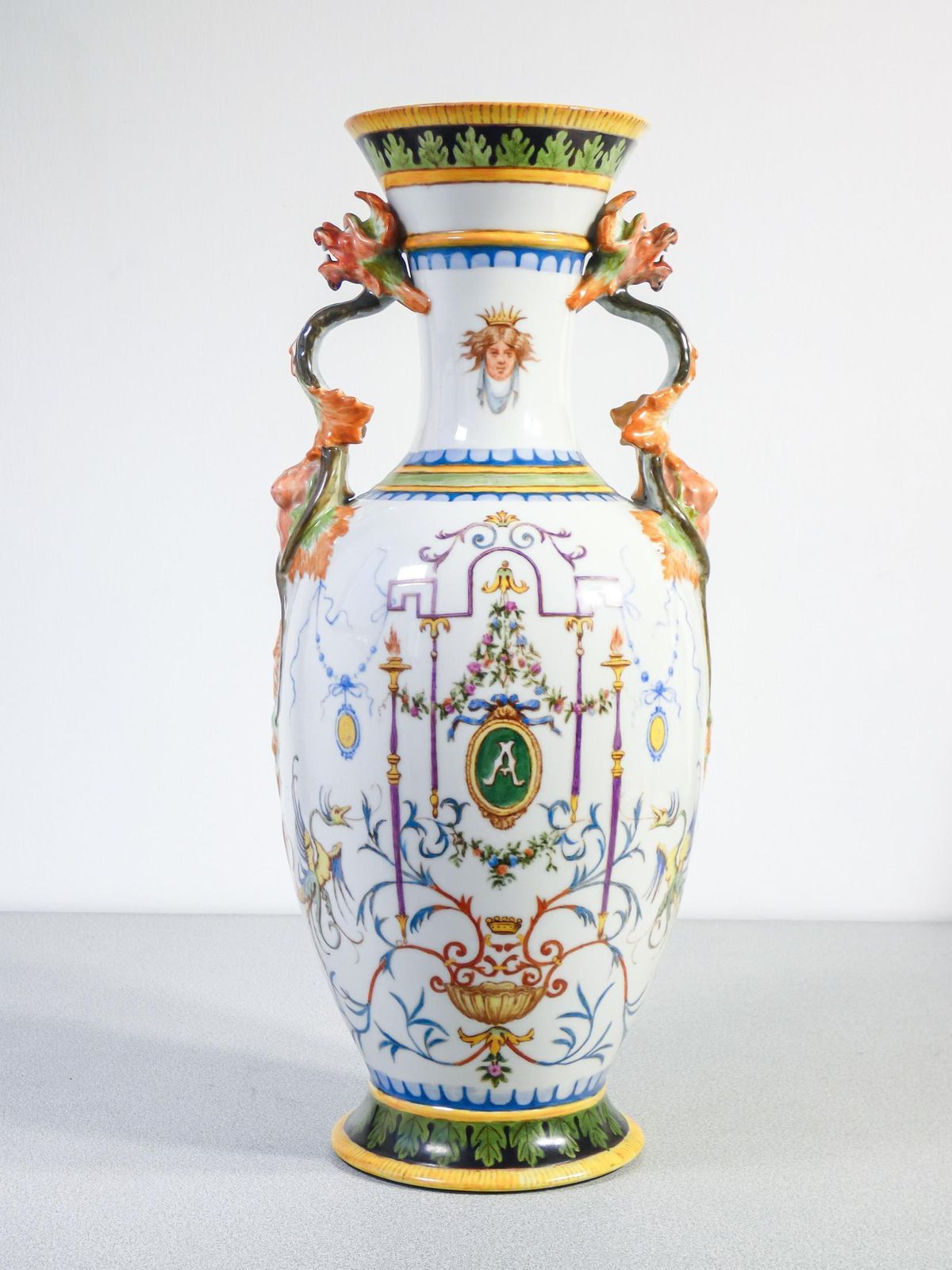 Pair Of Painted Ceramic Vases With Grotesques, Carvings On Handles. 1887 photo Home Decor