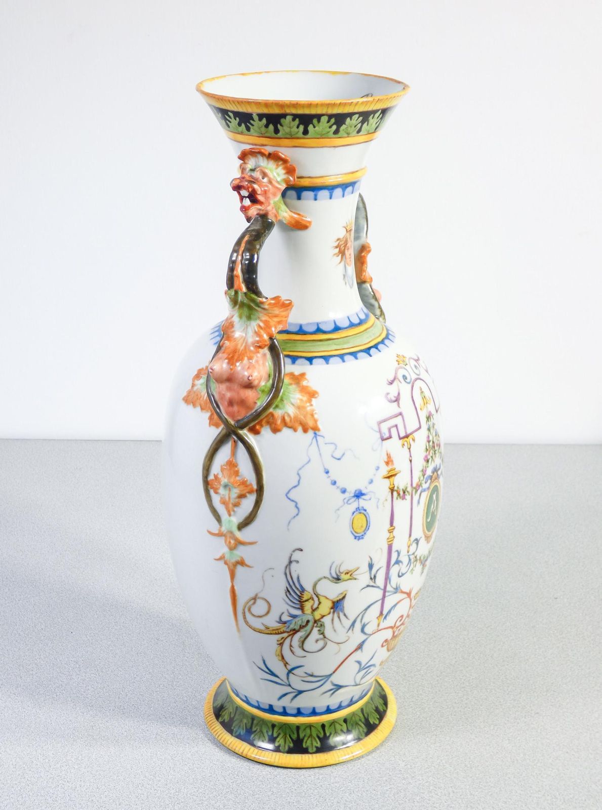 Pair Of Painted Ceramic Vases With Grotesques, Carvings On Handles. 1887 photo vinterior