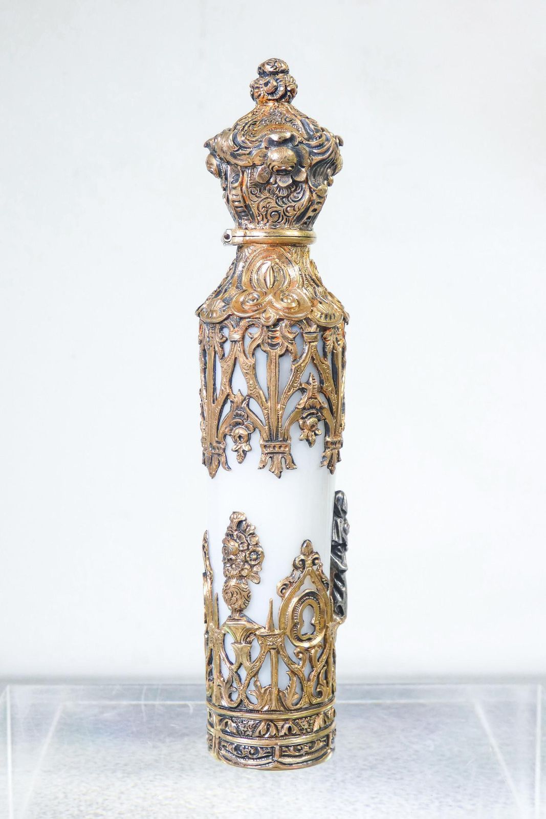 Perfume Holder Vial In Neo Gothic Style, Vermeil Silver, Opaline Glass, 19th C photo for sale