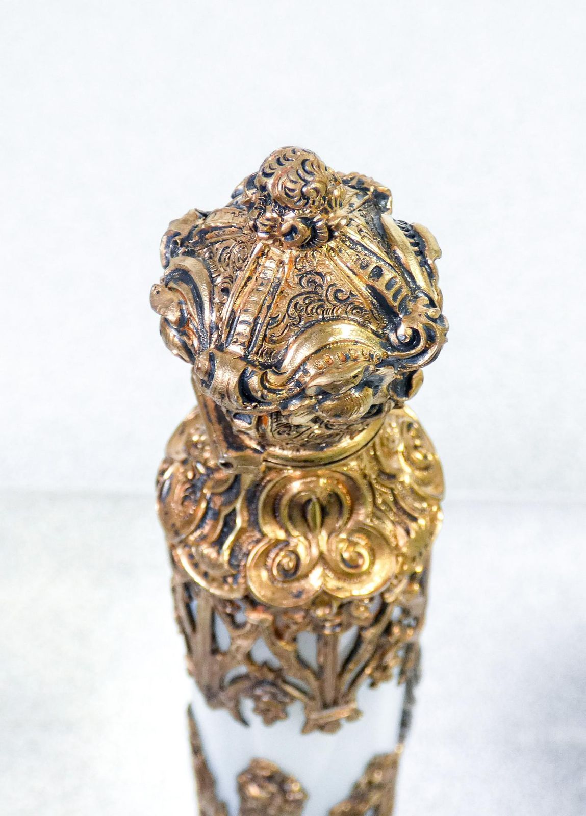 Perfume Holder Vial In Neo Gothic Style, Vermeil Silver, Opaline Glass, 19th C photo vintage
