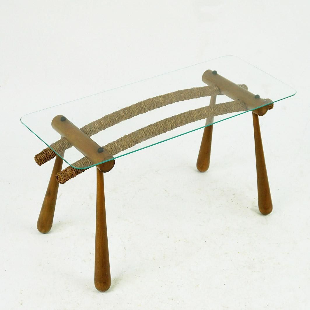 Austrian Midcentury Beechwood Side Table With Cord And Glass Top By Max Kment photo furniture