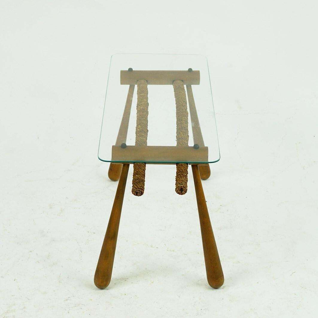 Austrian Midcentury Beechwood Side Table With Cord And Glass Top By Max Kment photo vintage