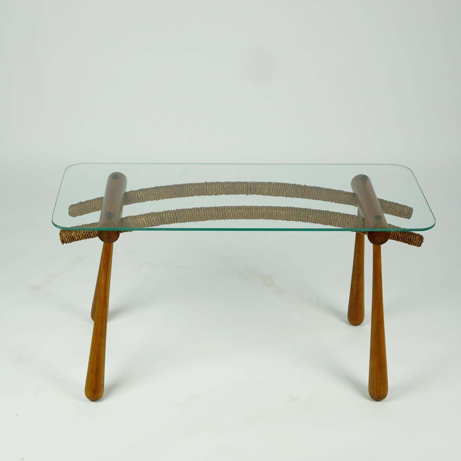 Austrian Midcentury Beechwood Side Table With Cord And Glass Top By Max Kment photo for sale