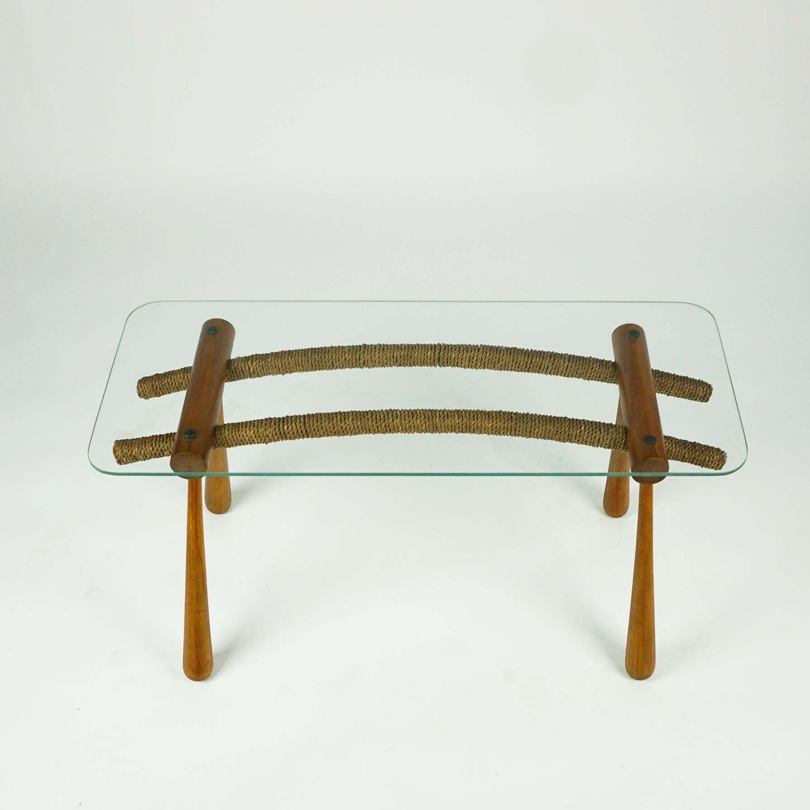 Austrian Midcentury Beechwood Side Table With Cord And Glass Top By Max Kment photo Furniture
