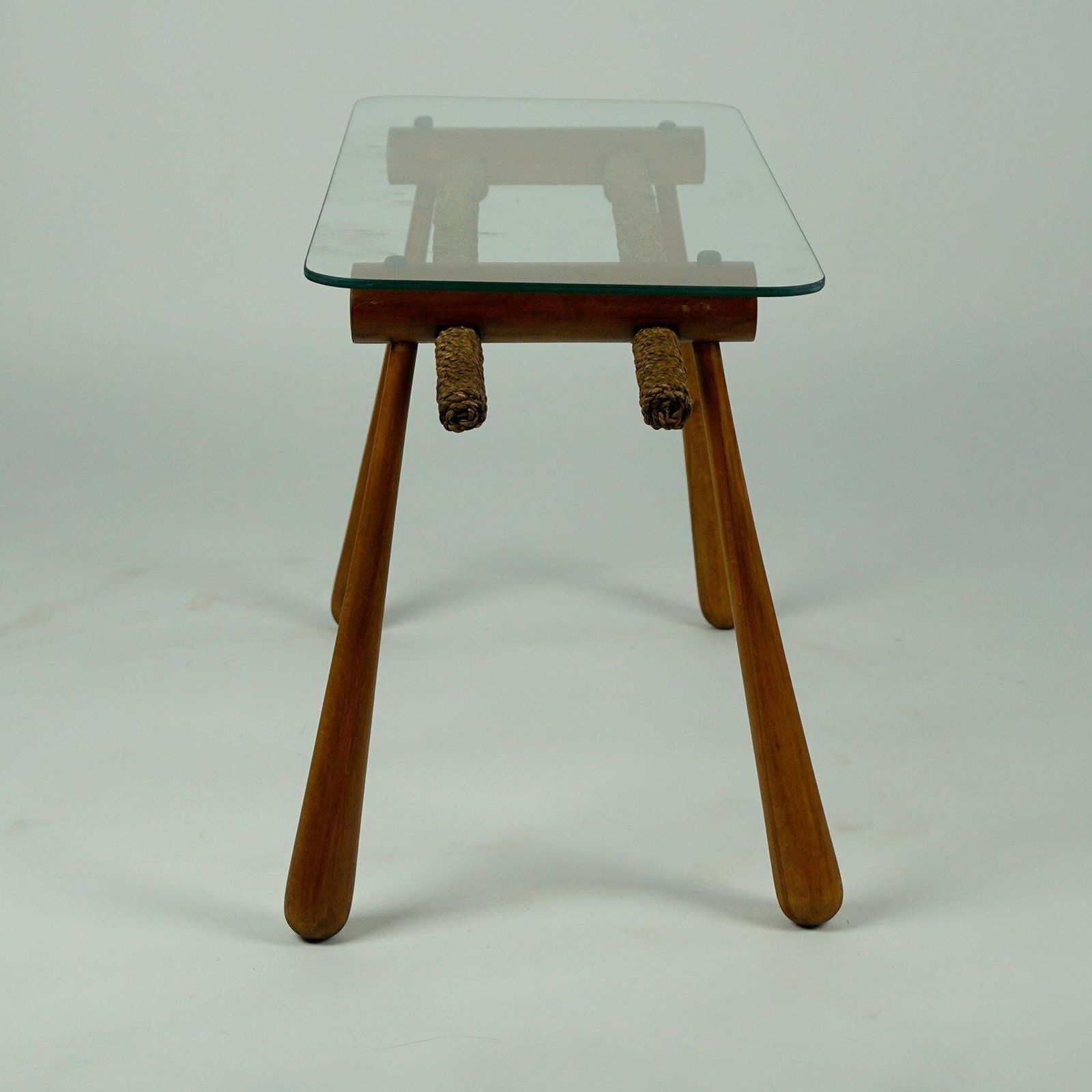 Austrian Midcentury Beechwood Side Table With Cord And Glass Top By Max Kment photo 1875.0