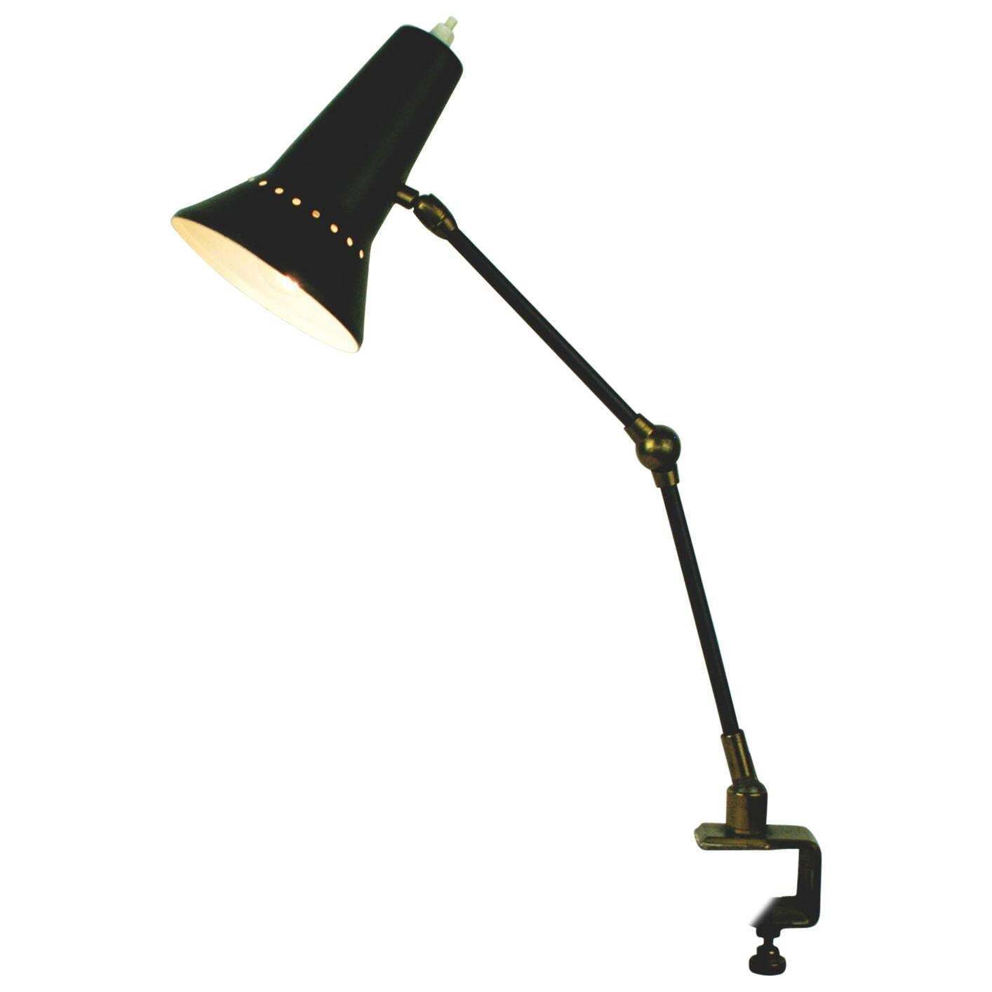 Italian Midcentury Black And Brass Adjustable Clamp Desk Lamp By Stilnovo