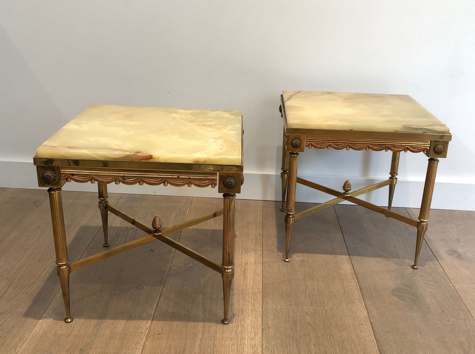 Pair Of Neoclassical Style Square End Tables In Brass And Onyx Top In The Style Of Maison Jansen photo furniture