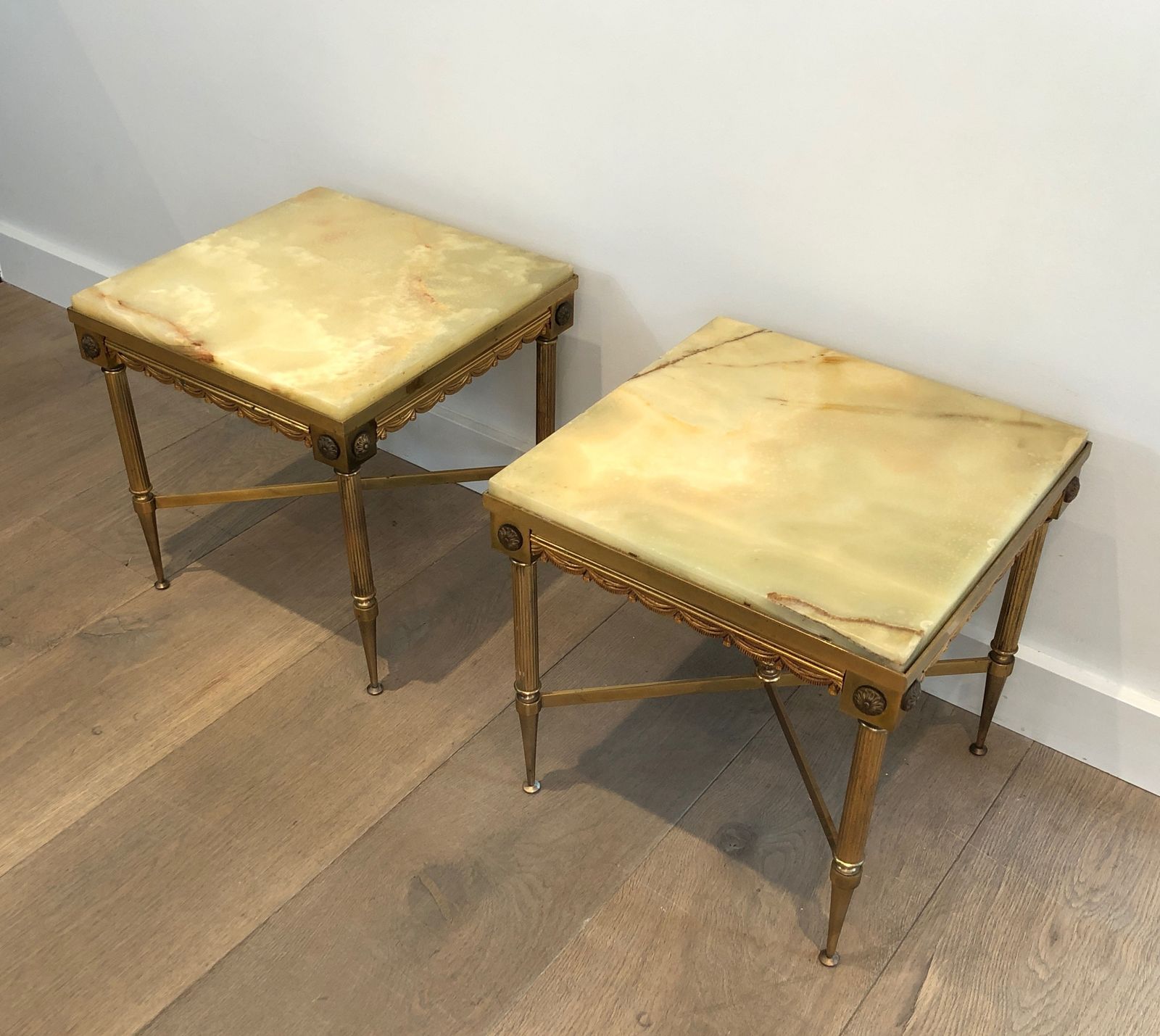 Pair Of Neoclassical Style Square End Tables In Brass And Onyx Top In The Style Of Maison Jansen photo Furniture