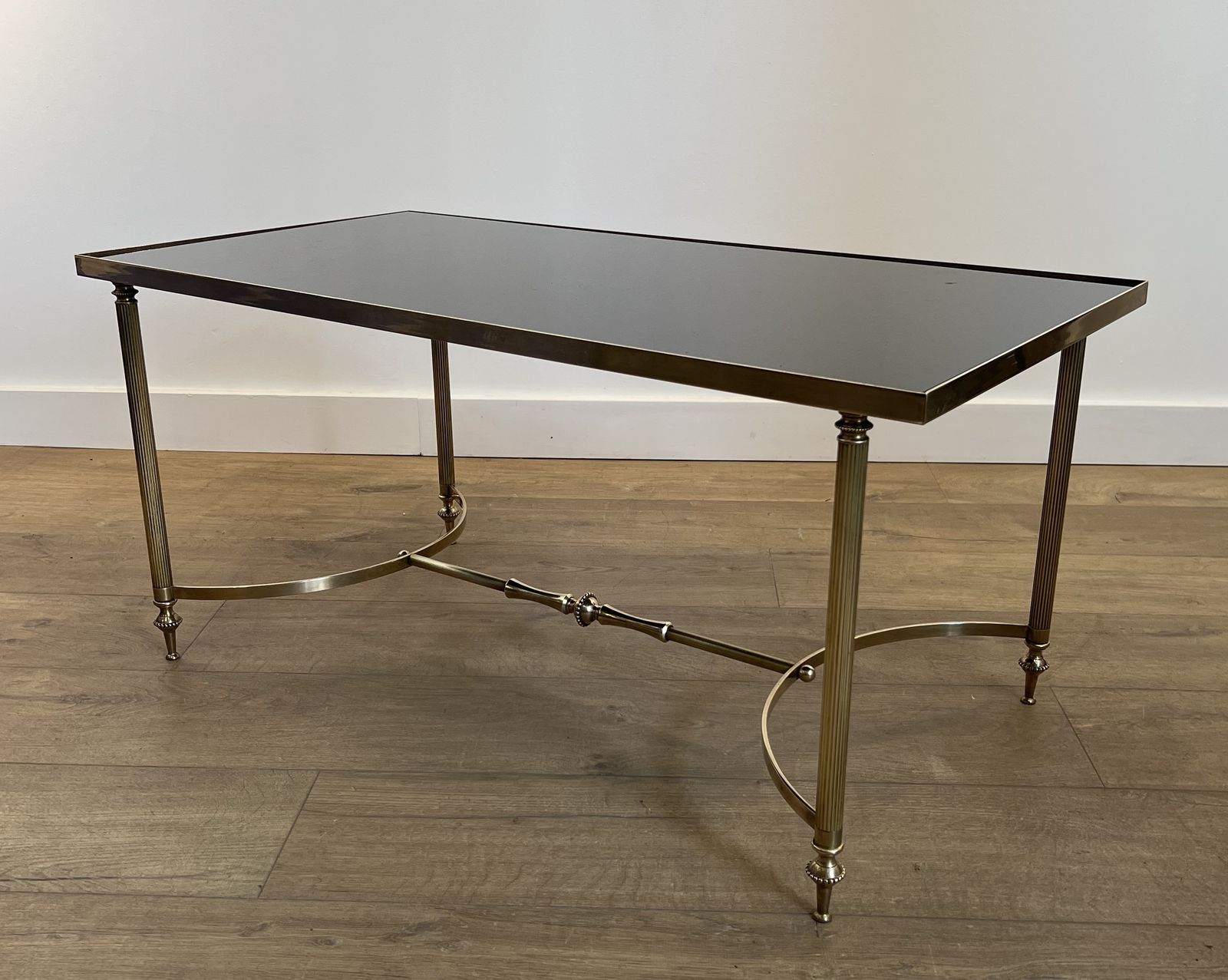 photo vinterior Brass And Black Lacquered Glass Coffee Table From Maison Jansen