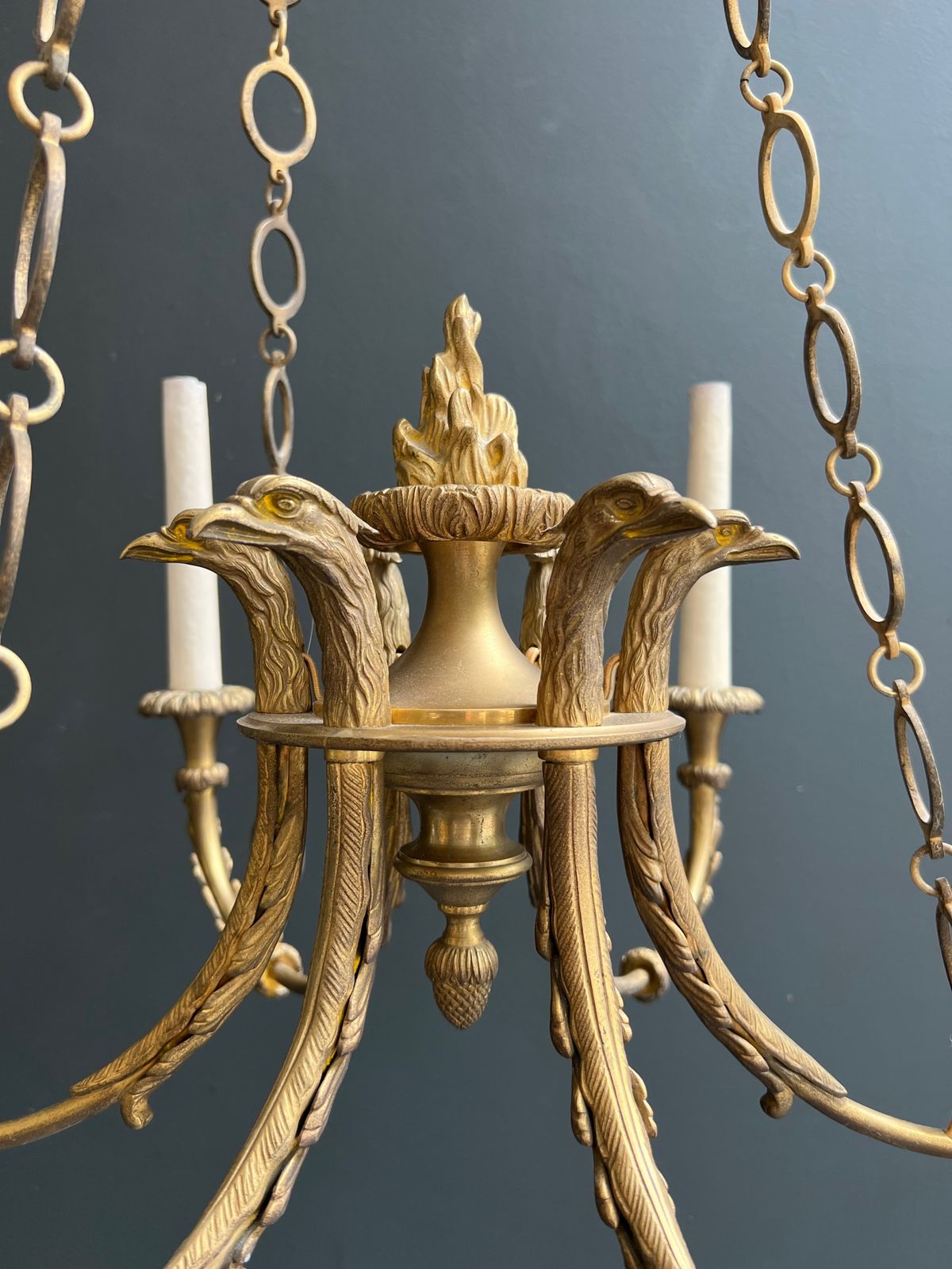 Empire Style Bronze Chandelier With Golden Eagle Heads And Flame photo vinterior
