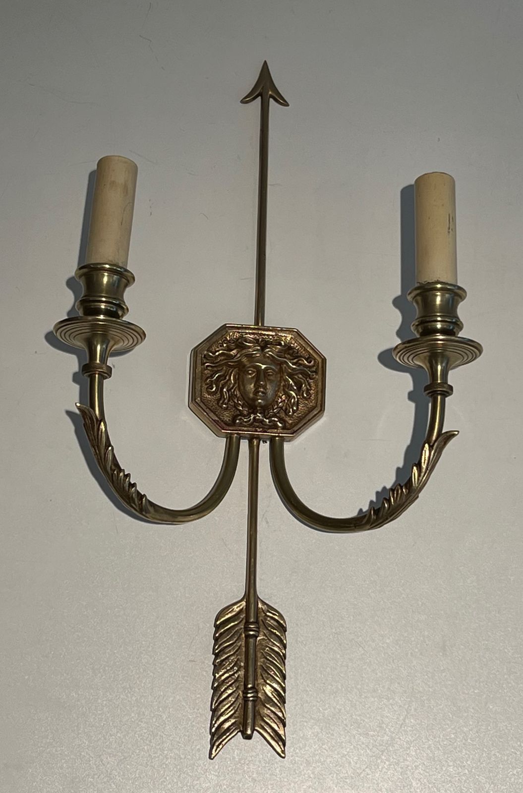 Pair Of Bronze Wall Lights With Arrows And The Effigy Of The Sun King By Louis Gau photo Lighting