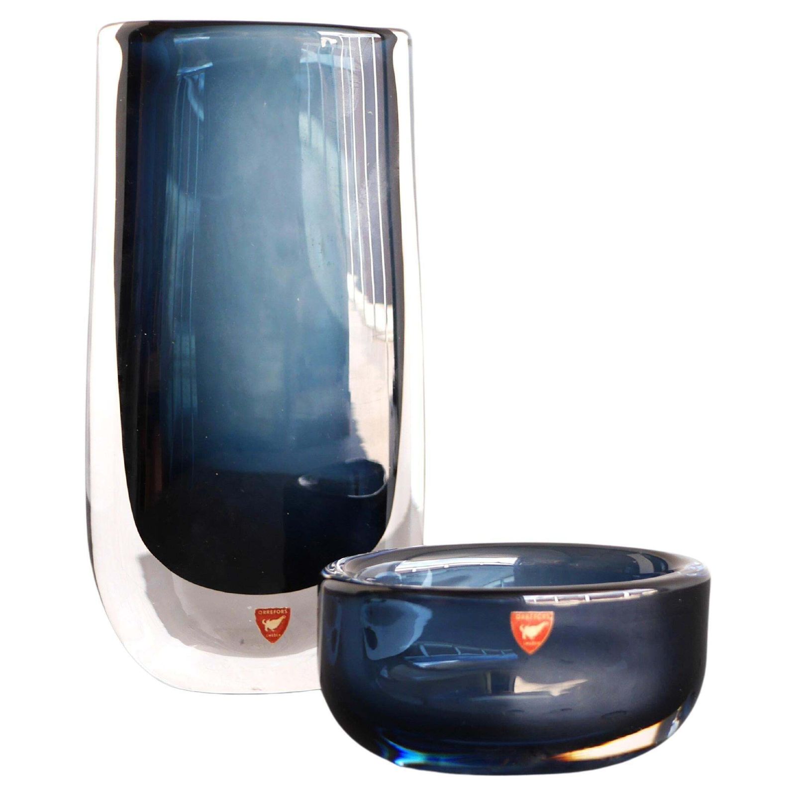 Nils Landberg Glazen Vaas En Schaal "Midnight Blue Dusk" Voor Orrefors, Zweden photo furniture