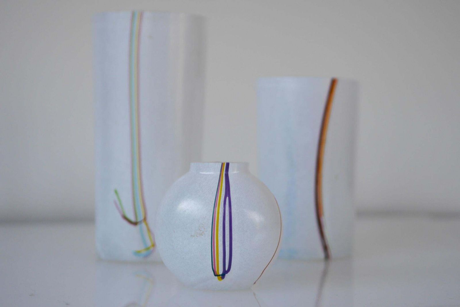 A Trio Glass Vases Rainbow Handmade And Signed By Bertil Vallien For Boda Sweden photo vintage