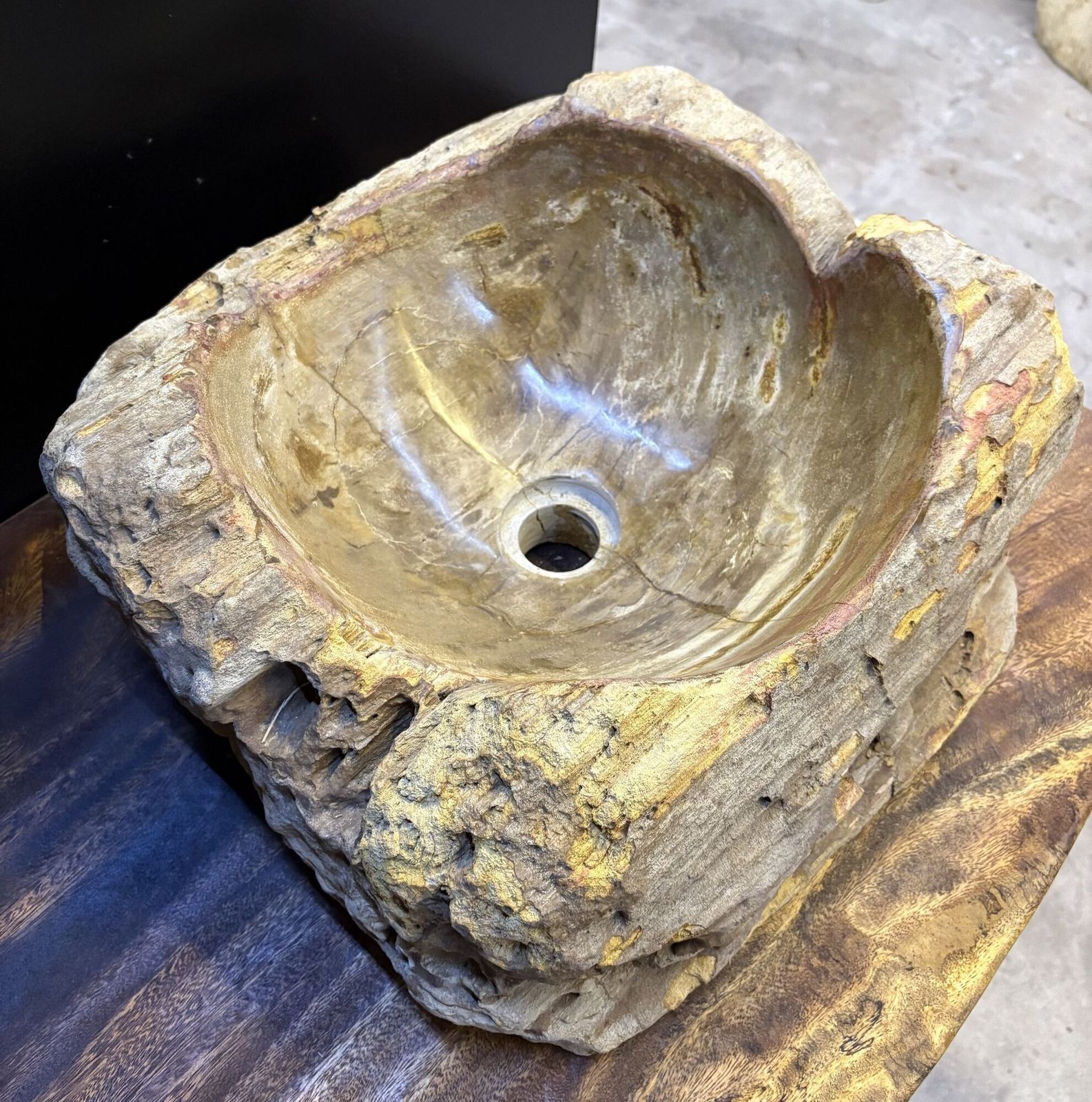 Modern Organic Petrified Wood Single Sink, Grey/ Brown & Yellow Tones, Idn 2024 photo buy