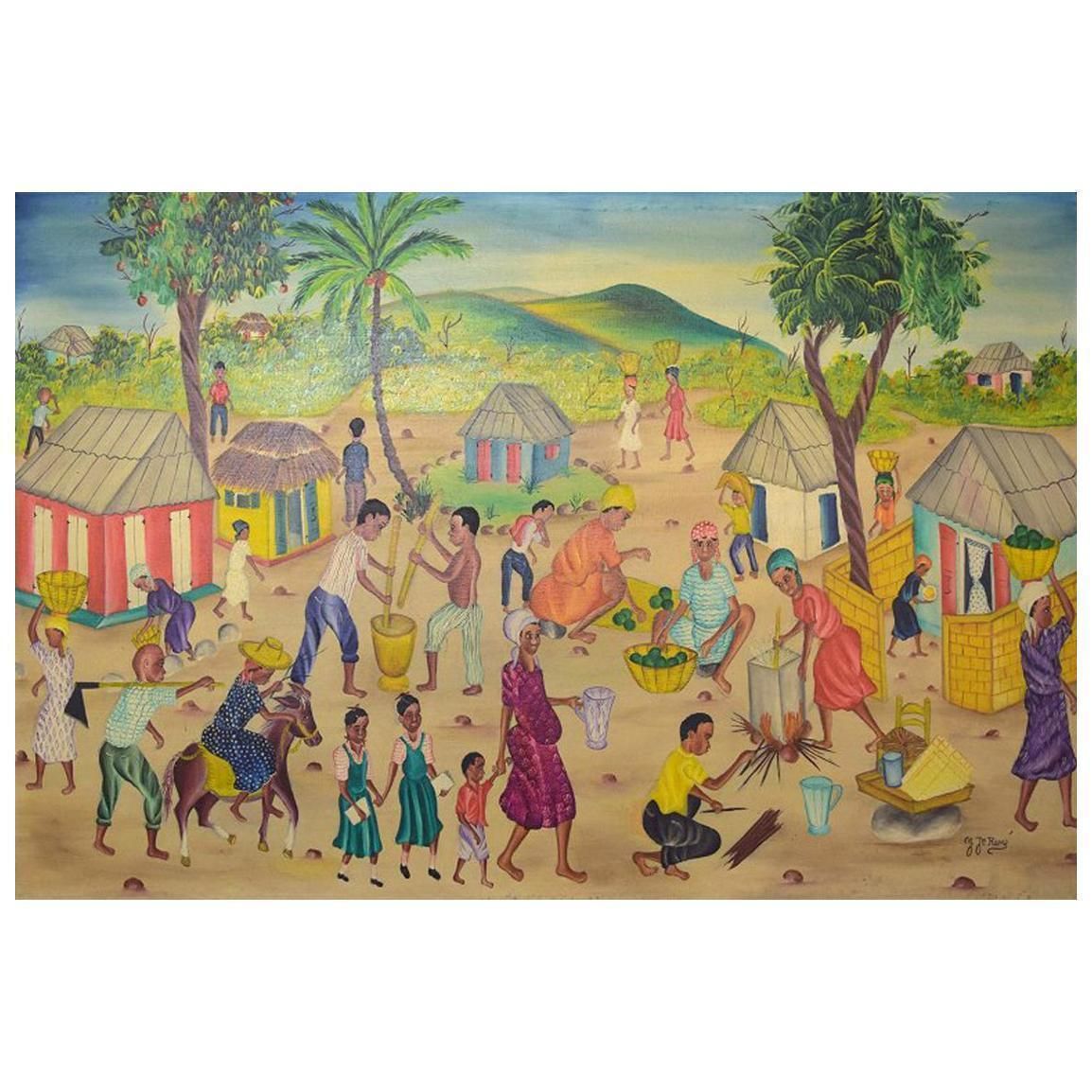 Y. Jn. René, Haitian Artist, Naivist School, Oil On Canvas, 1970s