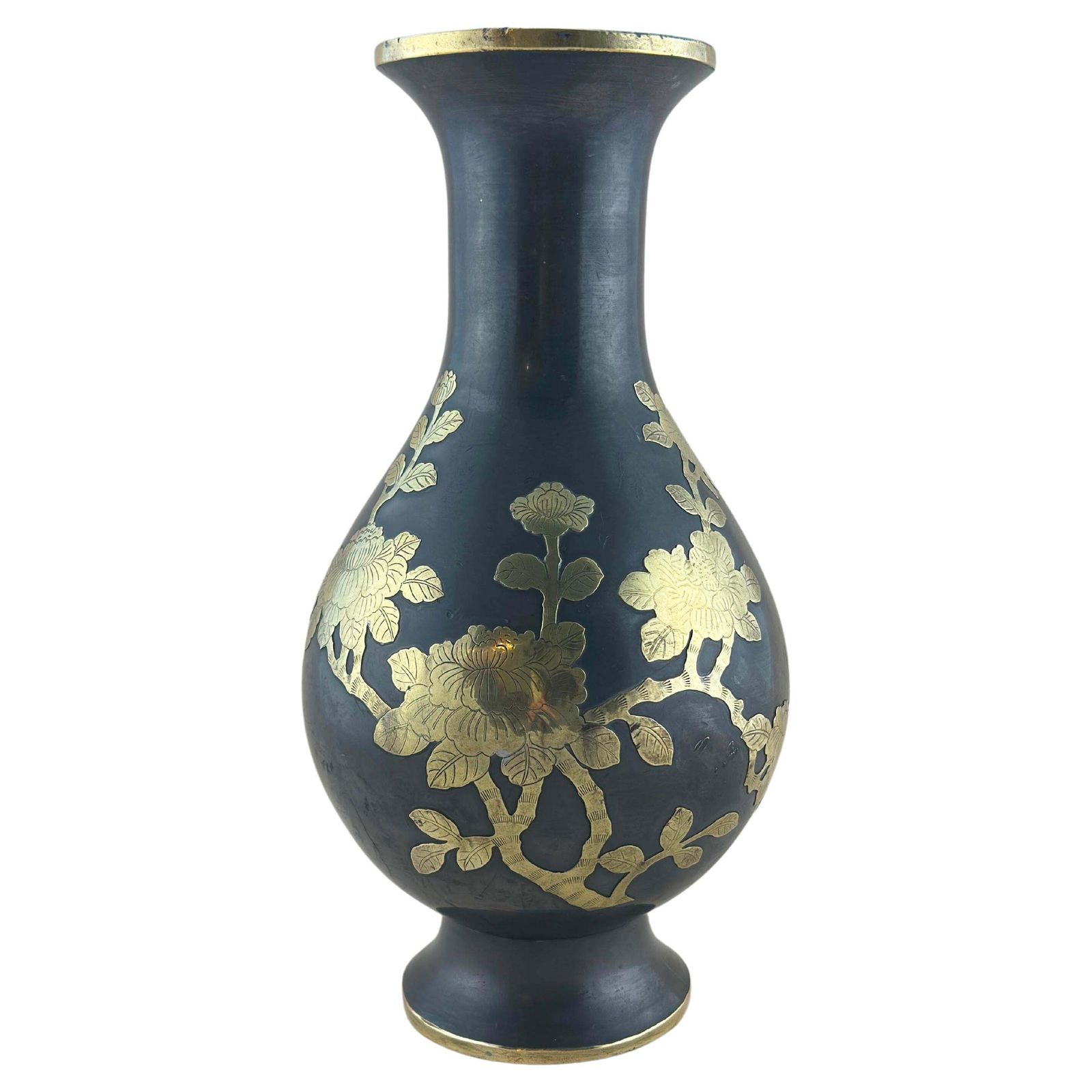 Chinese Metal Baluster Vase, Brass Overlay, Prunus C.1960s