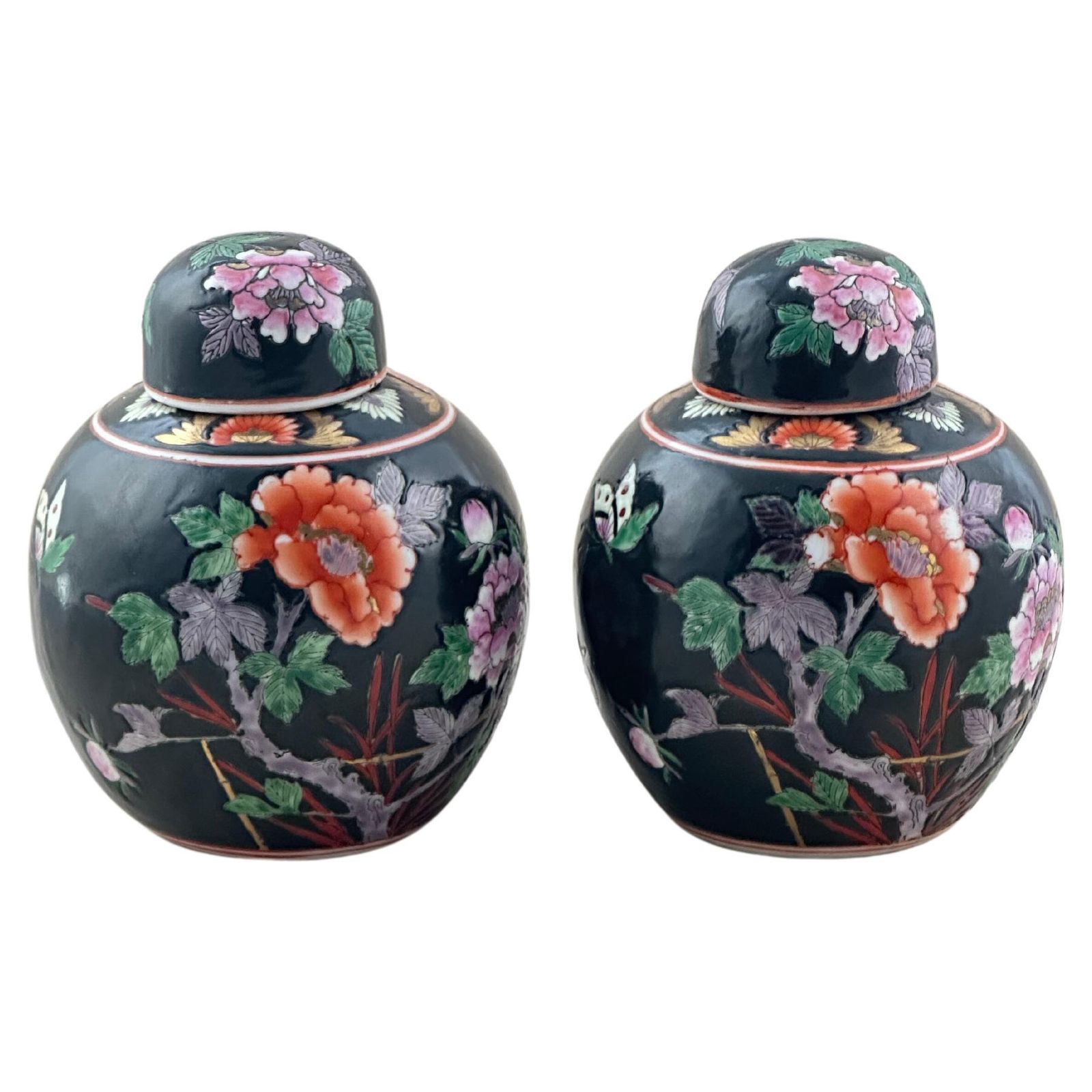 Pair Of Chinese Ginger Jars, Famille Noire Style, Peony Design, C. 1960s