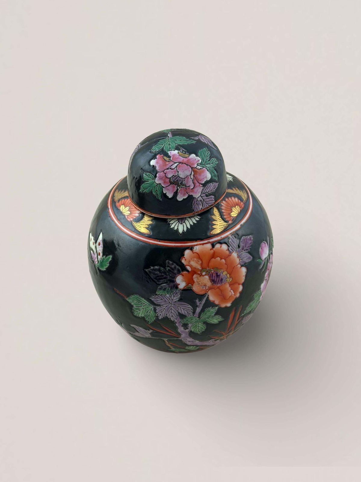 Pair Of Chinese Ginger Jars, Famille Noire Style, Peony Design, C. 1960s photo 356.0